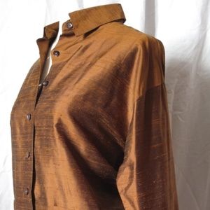 CHICOS 100 % SILK BROWN DUPIONI BUTTON DOWN SHIRT